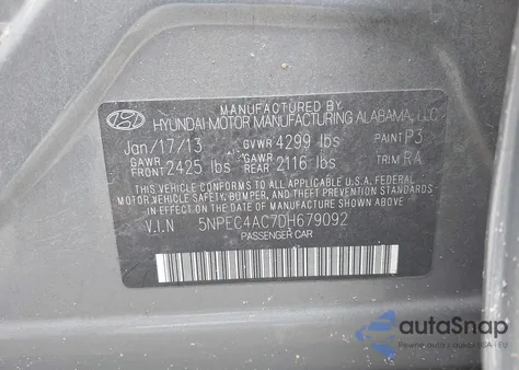 2013 Hyundai Sonata Se z USA, uszkodzony, nr VIN 5NPEC4AC7DH679092